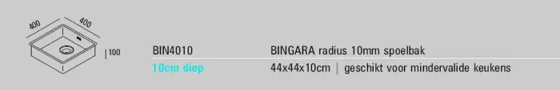 ABK Bingara plitka nerjaveča pomivalno korito za invalide, globina 10 cm, 40x40 cm, za vgradnjo na ravni z delovno površino, podvgradnjo in nadgradnjo BIN4010FVI