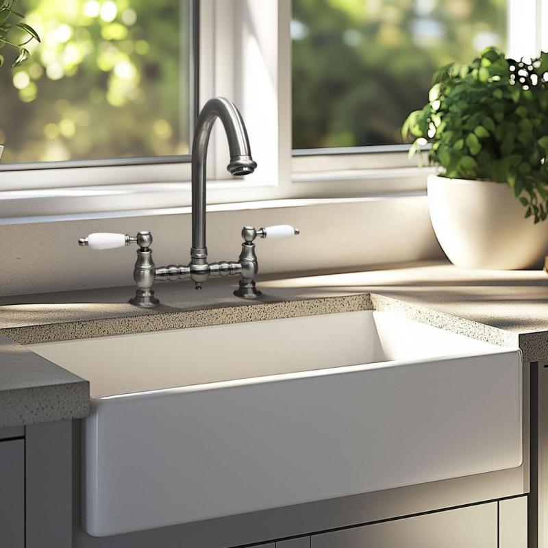 PB Nostalgische Kuhinjska Pipa z Mostom iz Nerjavečega Jekla z Okroglim Izlivom in Belimi Ročaji PBN.RVS.R.WH