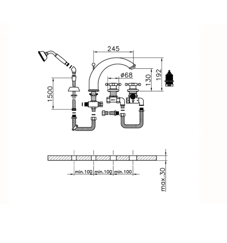 Huber Victorian 4-gats Thermostatische Badkraan met Douchegarnituur Brons VTT7601027