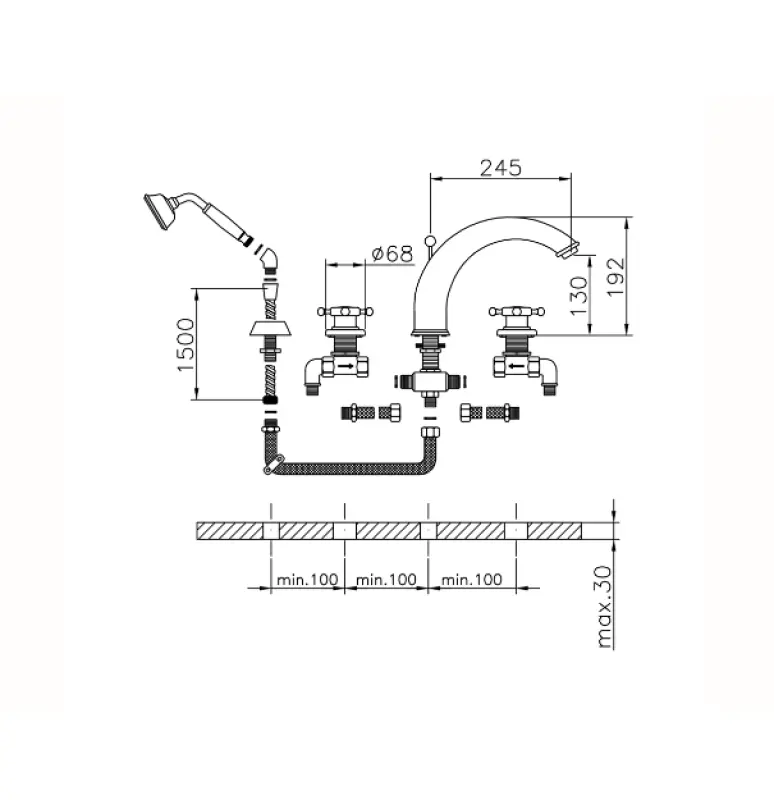 Huber Victorian 4-luknjasta kopalniška pipa z tuš garnituro, nerjaveče jeklo VT0002602A