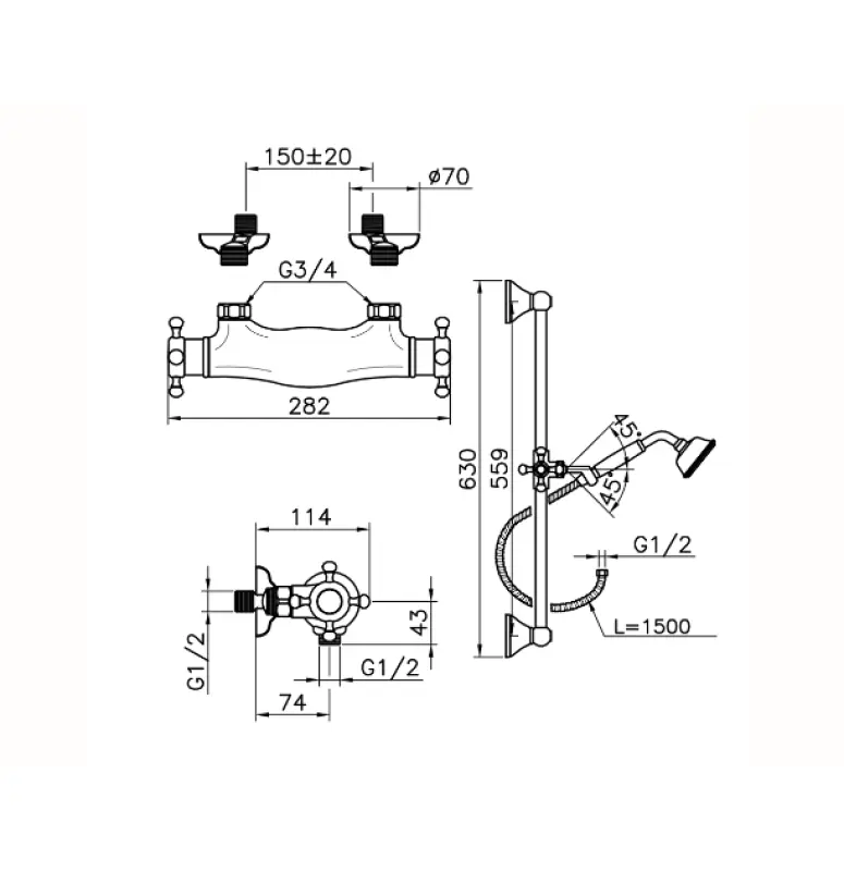 Huber Victoriaans Thermostatische Douchekraan met glijstangset RVS VTS010102A