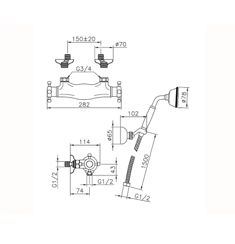 Huber Victoriaans Thermostatski Tuš Mešalnik z Ročno Prho RVS VTD010102A