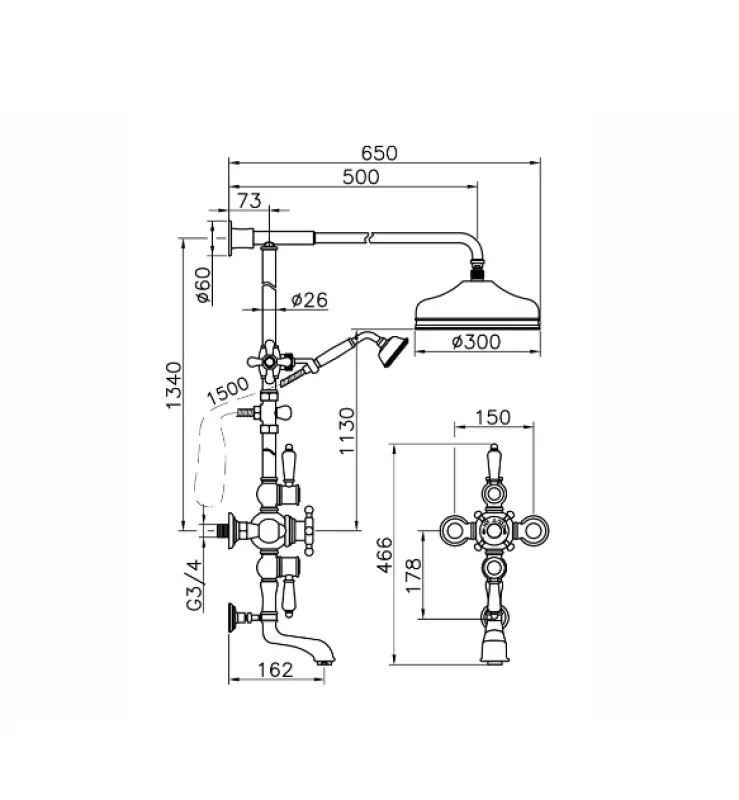 Huber Victoriaans Thermostatische Bad/Doucheset 30cm RVS 592.VN31H.AC