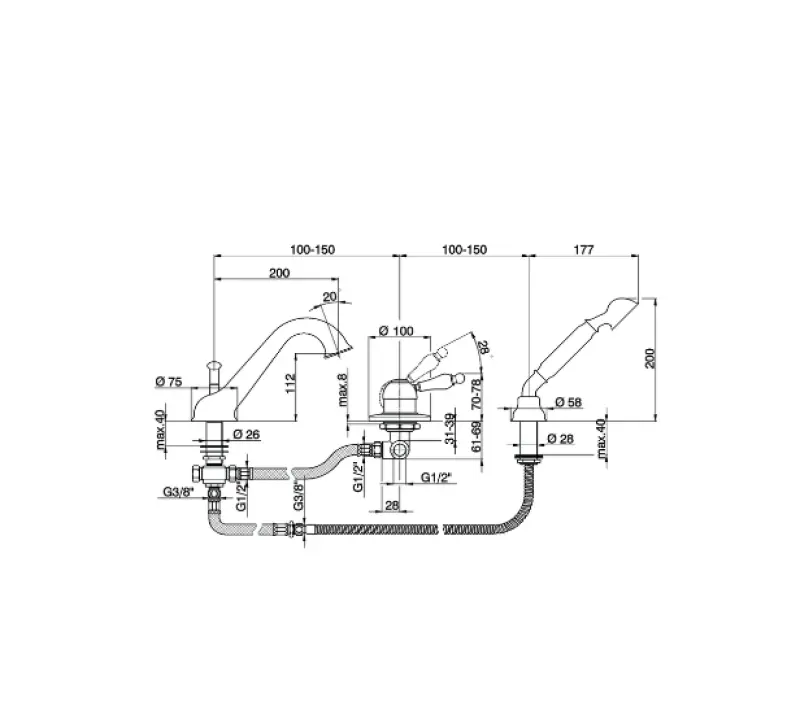 Cisal Arcana Empress 3-luknjična kopalna armatura s ročno prho Baker EM00126026