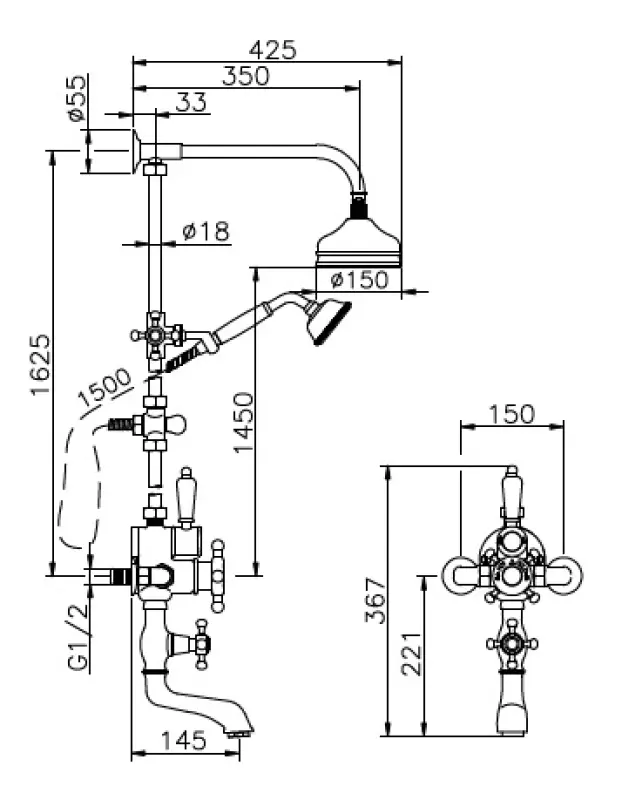 Huber Victoriaans Thermostatische Bad/Doucheset Roestvrij Staal 1154958052