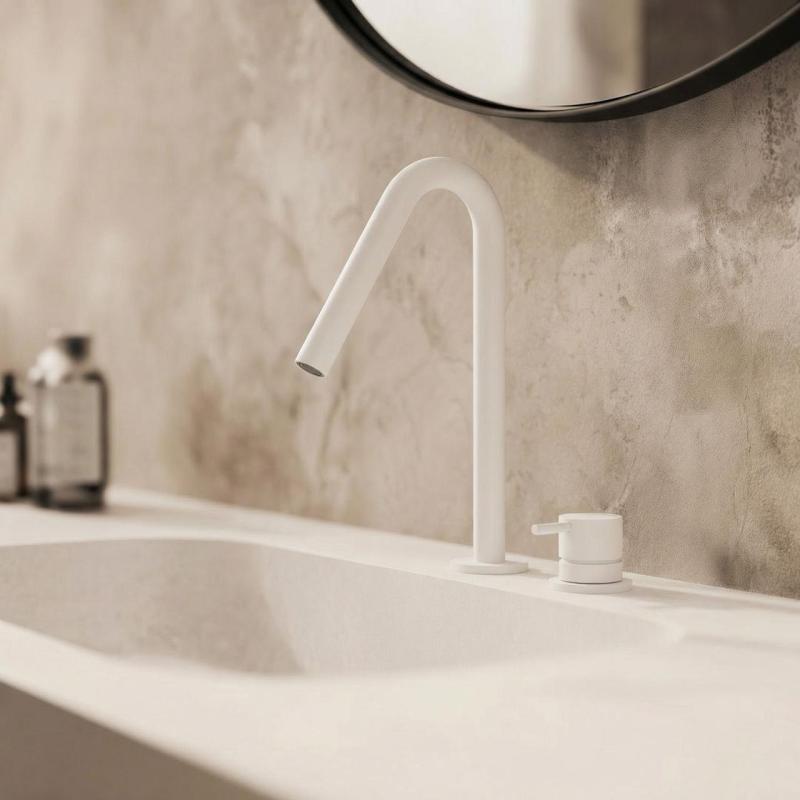 Waterevolution Flow 2-luknjasta umivalna baterija, mat bela, z majhnim V 120 mm izlivom T1121VBR