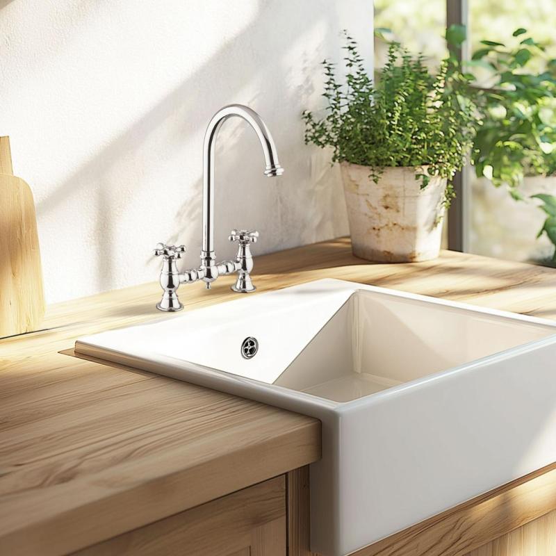 PB Nostalgijska kuhinjska pipa za most Kromirana z okroglim izlivom in zvezdastimi ročaji PBN.CHR.R.ST