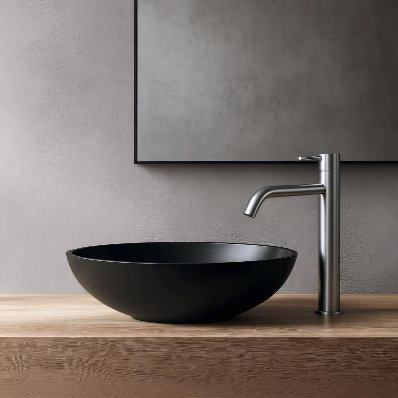 Waterevolution Flow wastafelkraan met hoge uitloop voor waskommen inclusief click plug volledig RVS T115IE