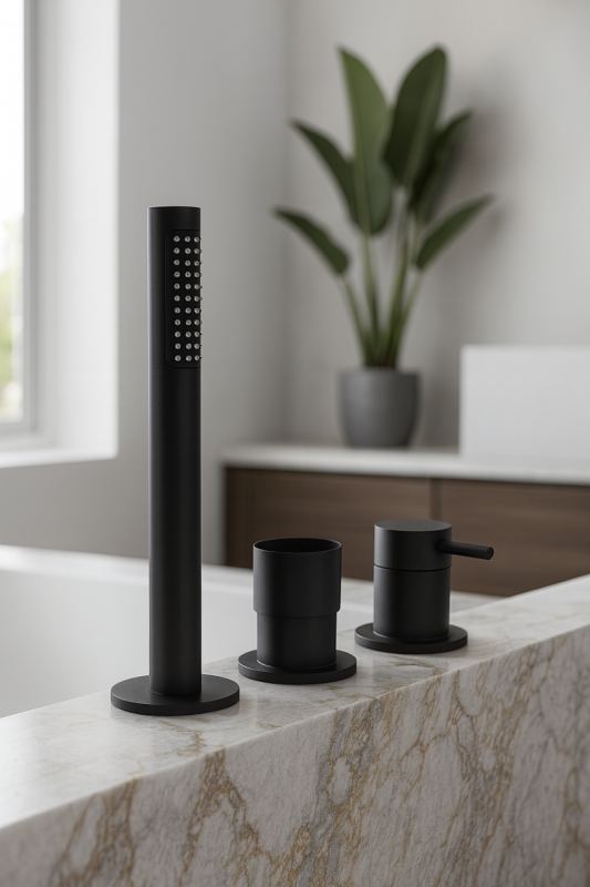 Waterevolution Flow 3-luknjasta kopalniška armatura za montažo na rob kadi Mat Črna T138SBPR