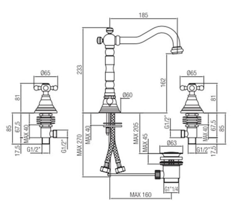 PB klasična 3-luknjasta umivalniška pipa z zvezdastimi ročaji, izliv 18,5 cm Krom 1208854922