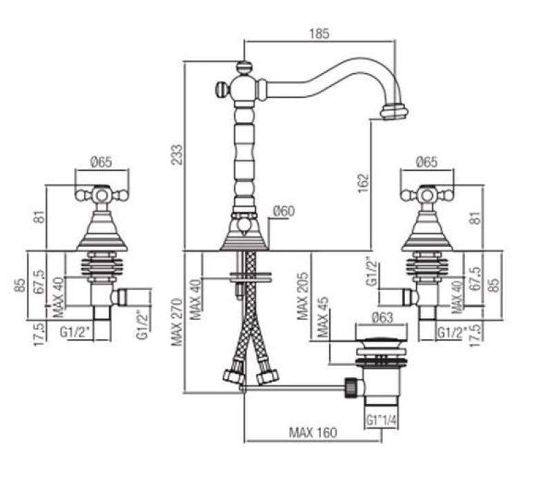 PB klassieke 3-gats wastafelkraan met sterknoppen en uitloop van 18,5 cm, RVS 1208854952