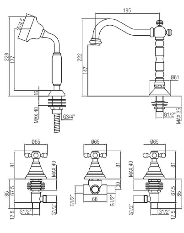 PB klasična 5-luknjasta kopalniška armatura z zvezdastimi ročaji bron 1208855782