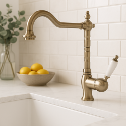 PB nostalgična enoročna kuhinjska pipa nadometna bela ročica nerjaveče jeklo 1208952878