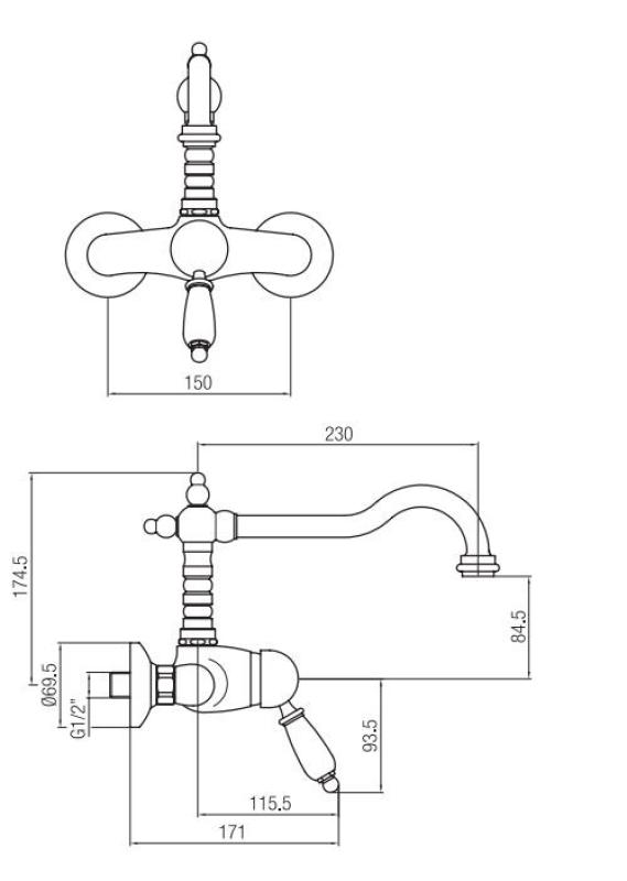PB nostalgična enoročna zidna pipa z belo ročico, kromirana