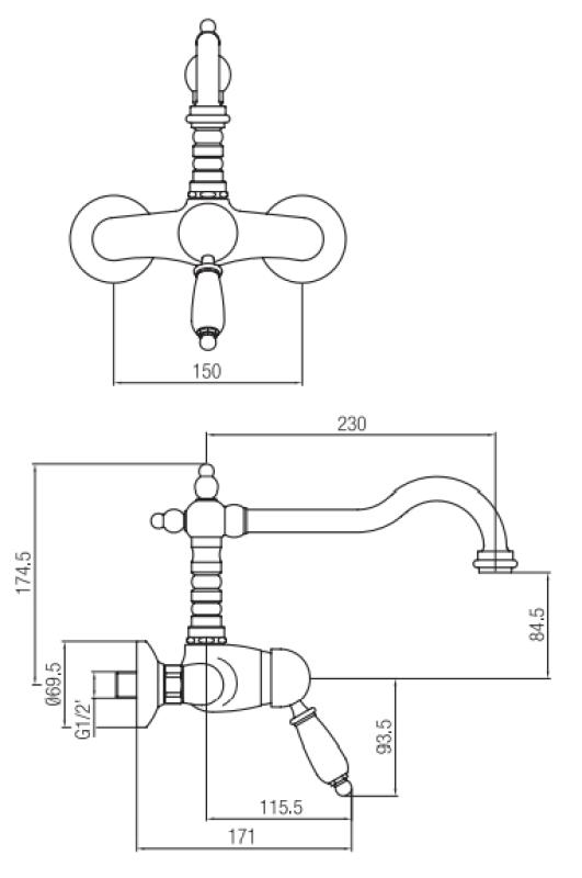 PB nostalgična enoročna stenska pipa z belo ročico Bronasta