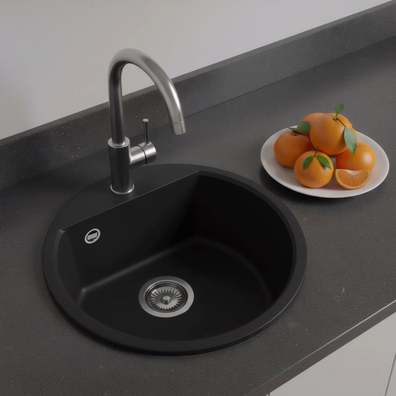 GraniteMy Bremen okroglo granitno pomivalno korito 43 cm črno, nadgradno in vgradno z luknjo za pipo in s čepom iz nerjavečega jekla 1208953206