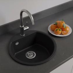 GraniteMy Bremen okroglo granitno pomivalno korito 43 cm črno, nadgradno in vgradno z luknjo za pipo in s čepom iz nerjavečega jekla 1208953206