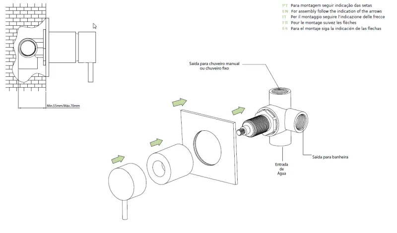 Waterevolution Flow vgrajena 2-smerna preklopka brušena medenina z okroglim rozeto T1482RLE