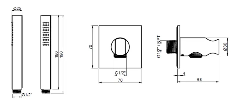 SB 316 Vierkante handdoucheset met slang en ophanghaak RVS