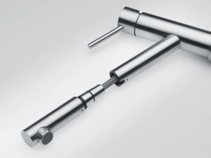 Franke Orbit masivna nerjaveča jeklena nizka kuhinjska pipa z izvlečno izlivno cevjo inox 115.0569.461