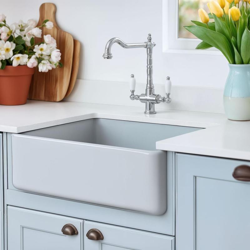 PB Nostalgijska klasična podeželska kuhinjska pipa krom z belimi ročaji 1208953911