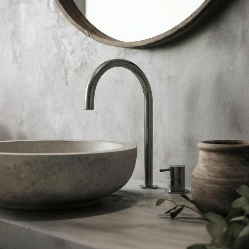 Waterevolution Flow 2-luknjasta umivalna baterija PVD Gun Metal z visokim U 200 mm izlivom T1122UGME