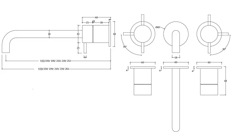Waterevolution Flow 3-luknjasta vgradna umivalna baterija, mat bela, z izlivom 10 cm T1163FBR-10