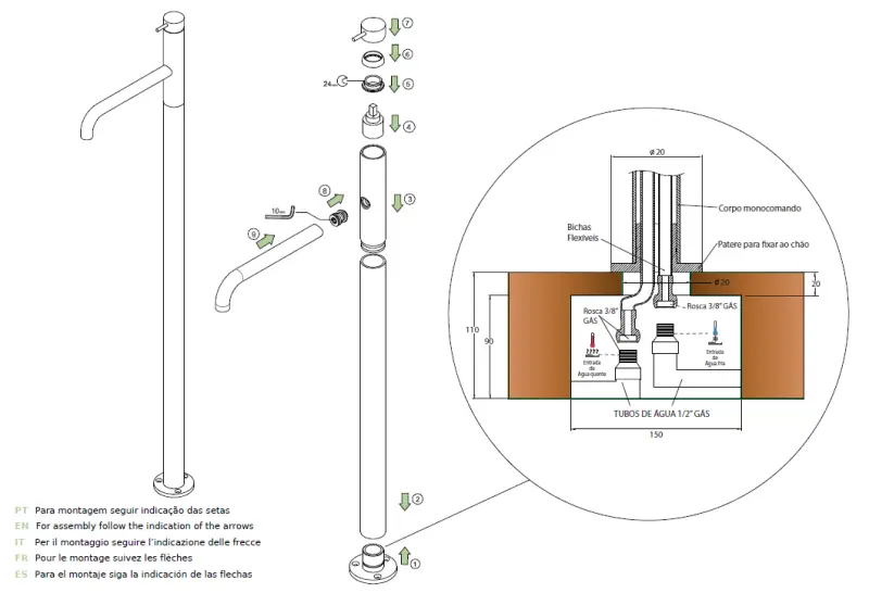 Waterevolution Flow vrijstaande wastafelkraan Geborsteld Messing T113LE
