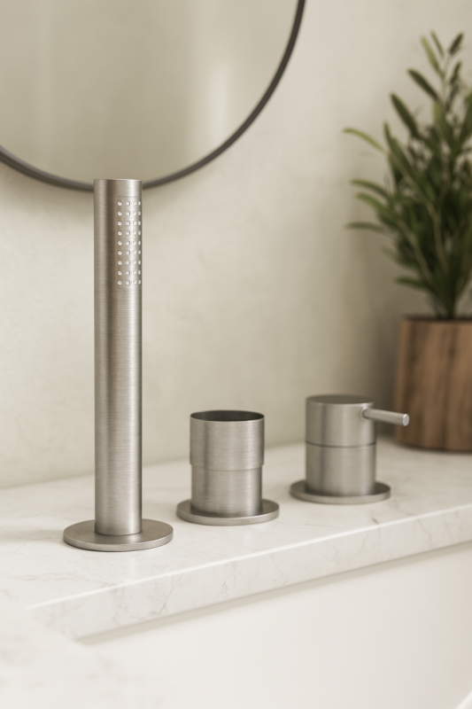 Waterevolution Flow 3-luknjasta kopalniška armatura za montažo na rob kadi, nerjaveče jeklo T138SBIE