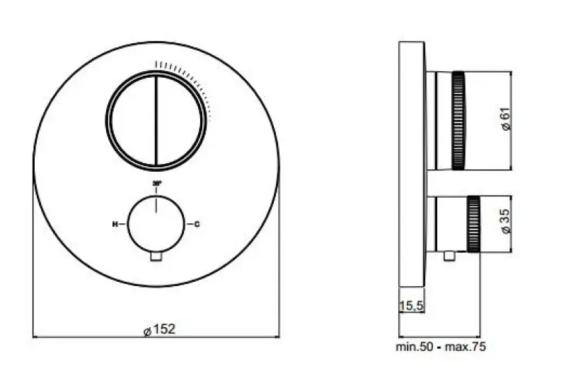 SB Push Round Vgrajen termostatski ventil z gumbom za preklop in regulatorjem prostornine PVD brušen baker 1208955070