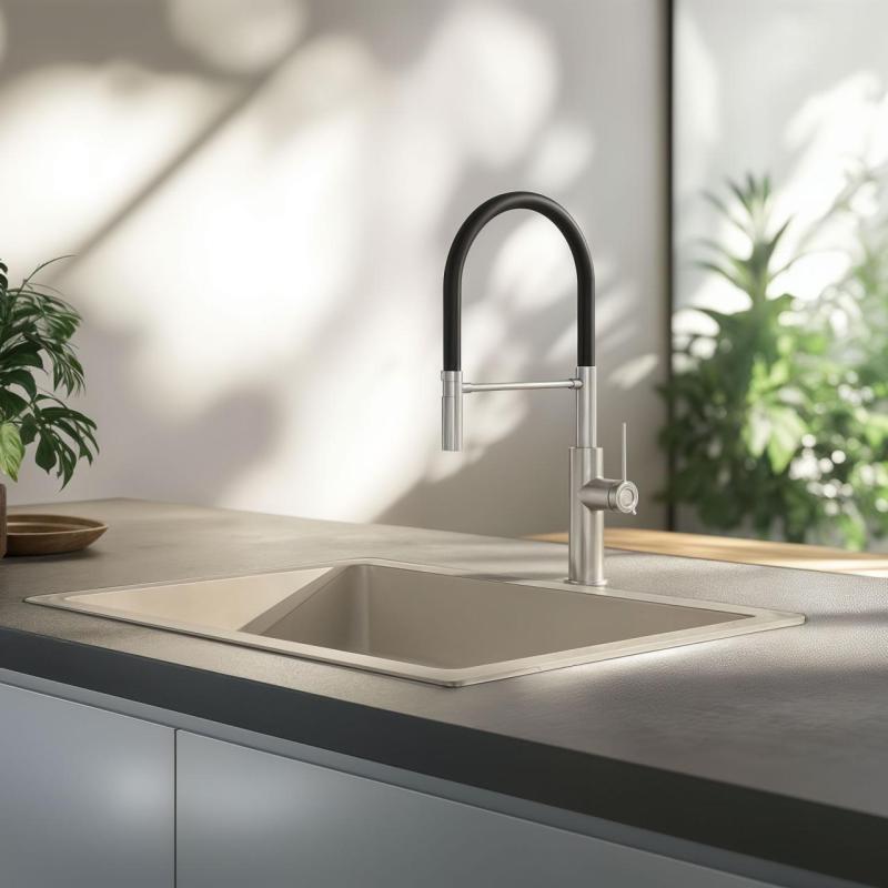 Quadri Retford kuhinjska armatura iz nerjavečega jekla s fleksibilnim črnim izlivom 1208956089