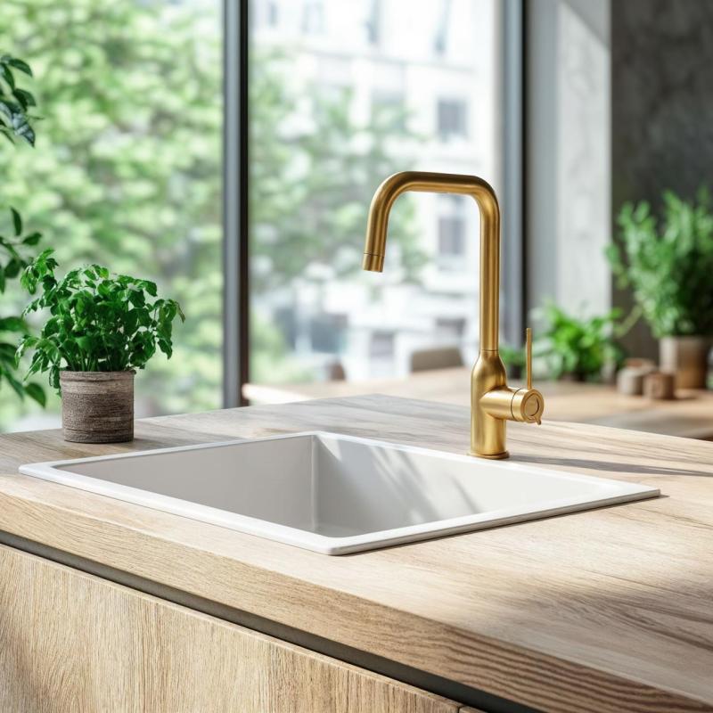 Quadri Stamford kuhinjska armatura PVD zlata z vrtljivo pravokotno izlivno cevjo 1208956098