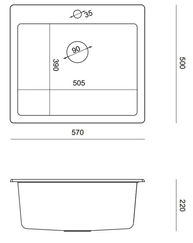 Quadri Sheffield črno granitno vgradno pomivalno korito 57x50cm z odprtino za pipo in bakrenim čepom 1208956115