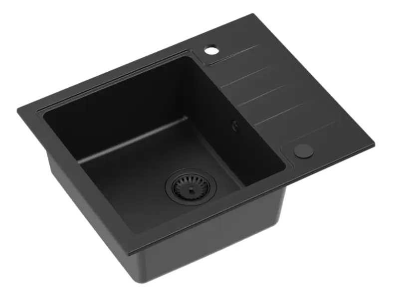 Quadri Cardigan črna granitna vgradna pomivalno korito s črnim zamaškom z odcejalno površino, obojestransko, 62x50 cm, 1208956163