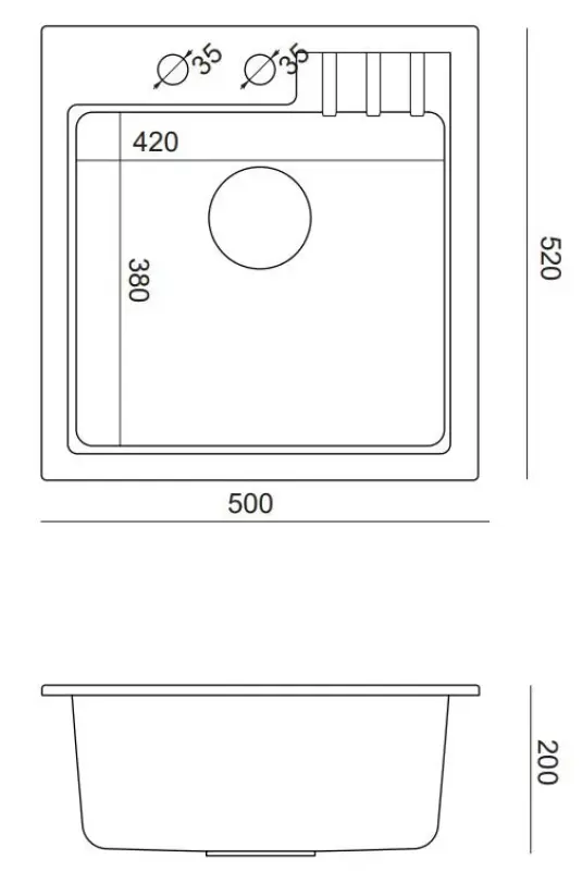 Quadri Cardigan bela granitna vgradna pomivalno korito 50x52 cm s polico za pipo 1208956306
