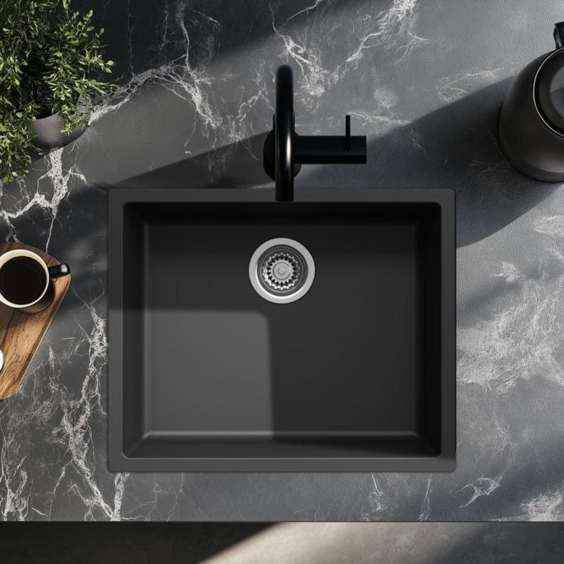 Črno pomivalno korito 50x40 cm za vgradnjo pod pult, nad pult in v ravnino s pultom z nerjavečim jeklenim čepom 1208956395
