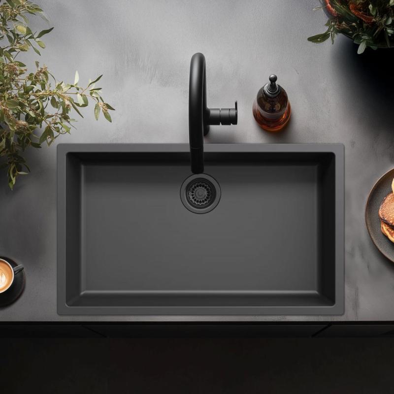 Zwarte grote spoelbak 70x40cm, onderbouw, opbouw en vlakbouw met zwarte plug 1208956401