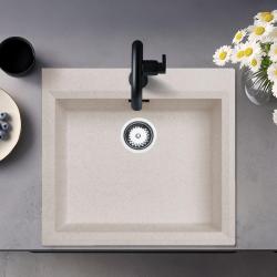 Zandkleurige ingebouwde spoelbak 58x53cm met kraangatbank en roestvrijstalen plug 1208956773