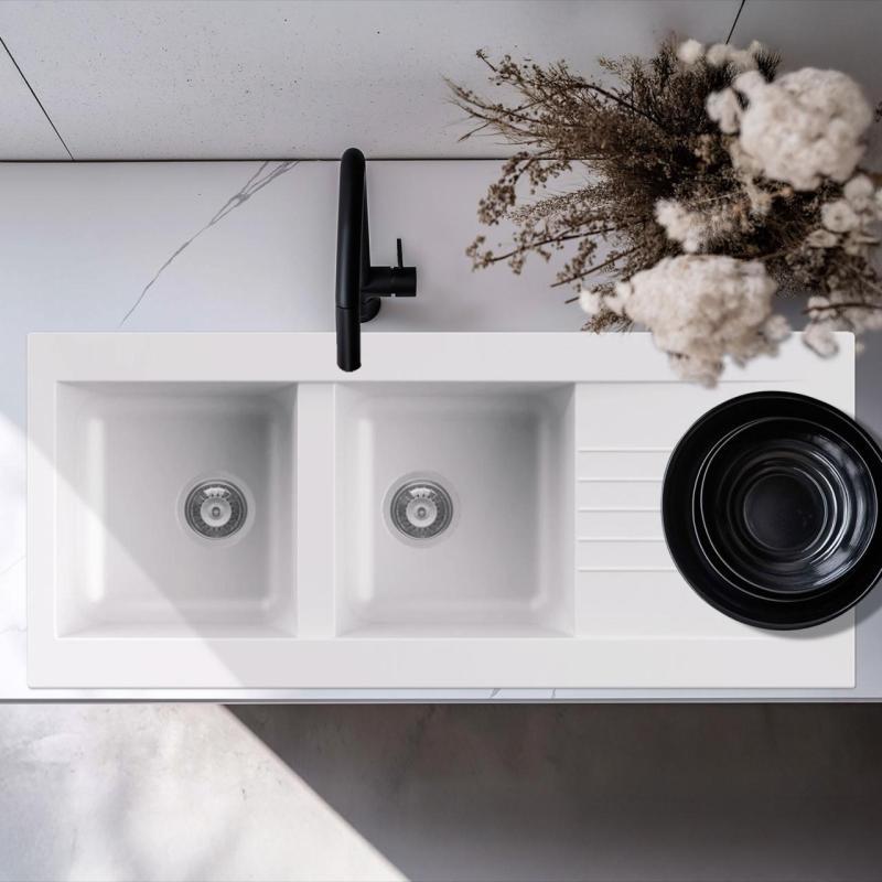 Ausmann Fibre dvojno bela plastična pomivalna korita z odcejalnikom, obrnljiva, nadgradna, 116x50 cm 1208956794