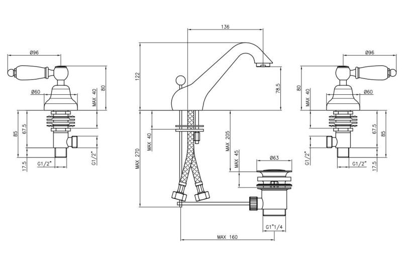 PB klasična pipa 3-luknjasta nizka umivalniška pipa Bele ročice Bron 1208956907