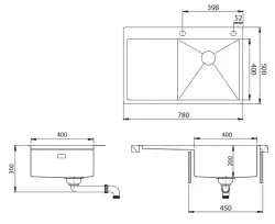 Ausmann Turt gun metal pomivalno korito z odcejalnikom na levi strani 780x500mm za nadgradnjo in vgradnjo 1208956956
