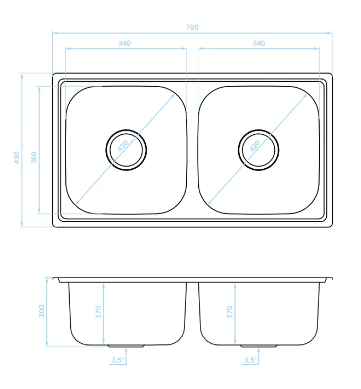 Ausmann Basic dubbele roestvrijstalen inbouw spoelbak 78x43 cm inclusief sifon 1208956995