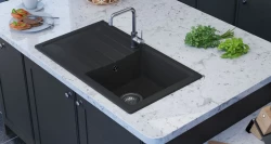 GraniteMy Slim ekstra plitka granitna nadgradna črna pomivalno korito 76x44cm z odcejevalnikom, reverzibilno 1208957353