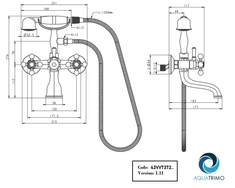 AquaTrimo Vivaldi klasična stenska kadna pipa s križnimi ročaji Krom vključno z ročno prho 43VV7372CM
