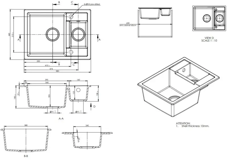 GraniteMy Smart ekstra plitka 1,5 granitna nadgradna črna pomivalna korito, obojestranska, 58x44 cm 1208957386