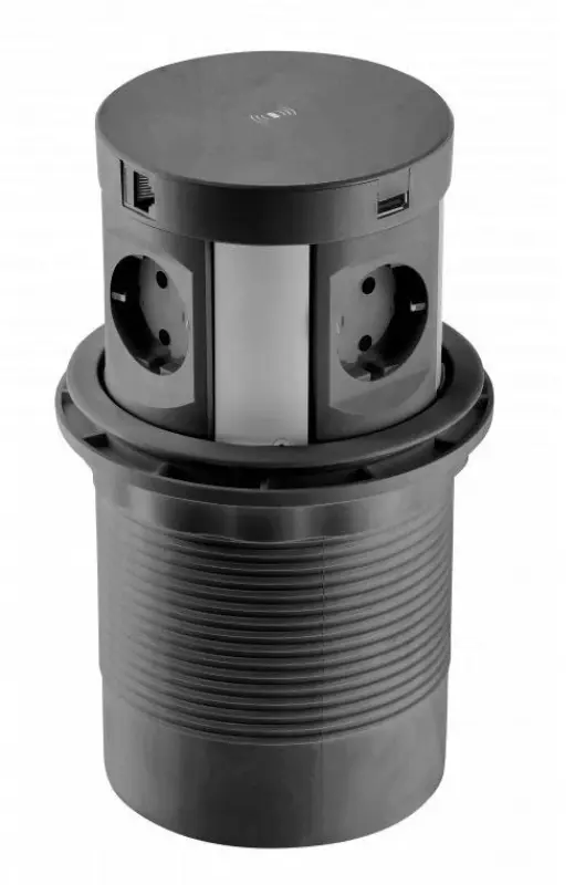 Indux Push verzinkbare randaarde keuken stopcontact zwart in werkblad met 4 vtičnicami, 2 x USB, 2 x RJ45 in brezžično polnjenje 1208957420