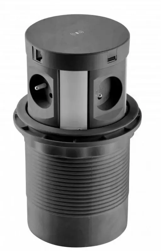 Indux Push potopljiva kuhinjska vtičnica črne barve v delovni plošči z 4 vtičnicami, 2 x USB, 2 x RJ45 in brezžičnim polnjenjem 1208957421