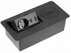 Indux Flip kuhinjska vtičnica z zaščitnim kontaktom v delovni plošči mat črna z brezžično in 2 USB polnilcema 1208957427