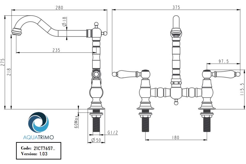 AquaTrimo Country 2-luknjičasta klasična kuhinjska nostalgična mostna pipa z kotnim izlivom, krom 21CT7657CM