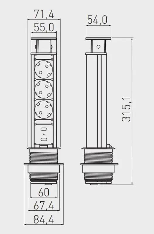 Indux Up & Down kleine verzinkbare randaarde zilveren keuken stopcontact in werkblad met 3 stopcontacten en 2 x USB 1208957840